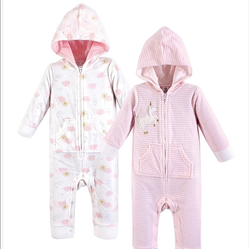 White & Pink Unicorn Fleece Hooded Playsuit Set